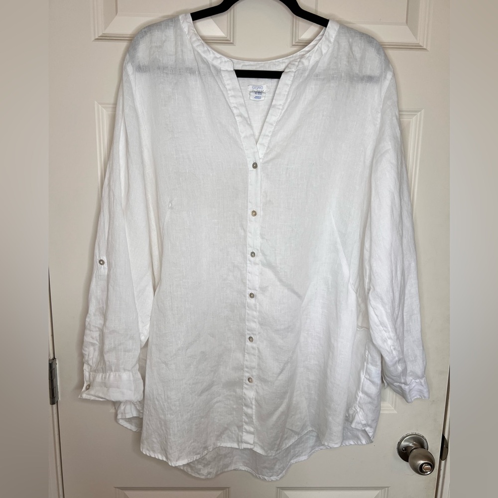 100% Linen Long Sleeve and 3/4 Sleeve White Beach Shirt Blouse. Sigred Olsen 2XL